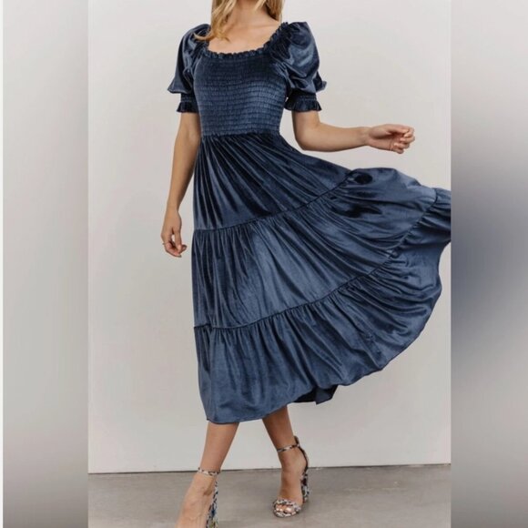 Baltic Born Dresses & Skirts - Baltic Born Vivaldi Smocked Blue Velvet Midi Dress Renaissance Romantic Party